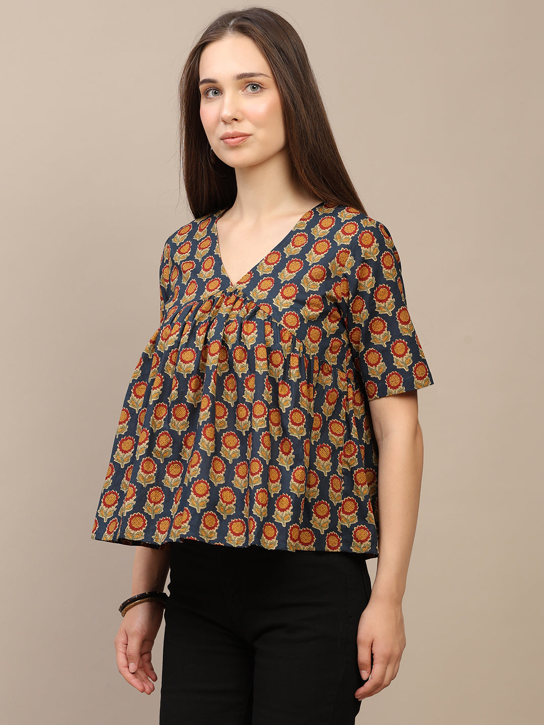 Navy Blue Printed Half-Sleeve Alia-Cut Cotton Top