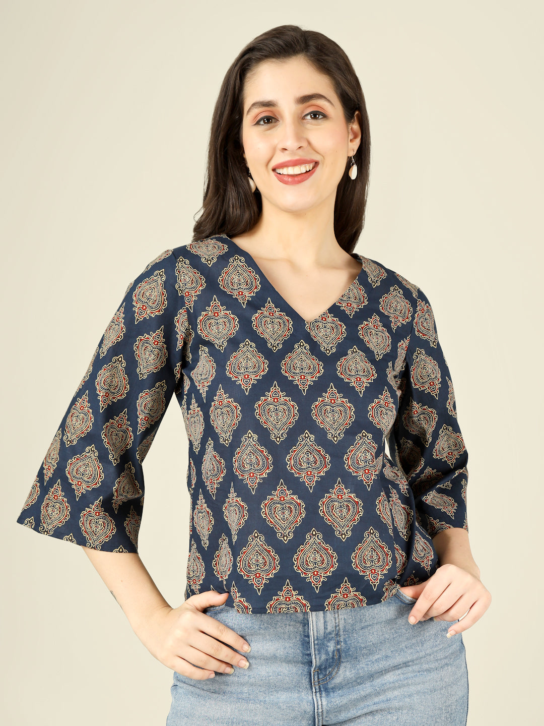 Navy Blue Printed Straight Bell-Sleeves Top