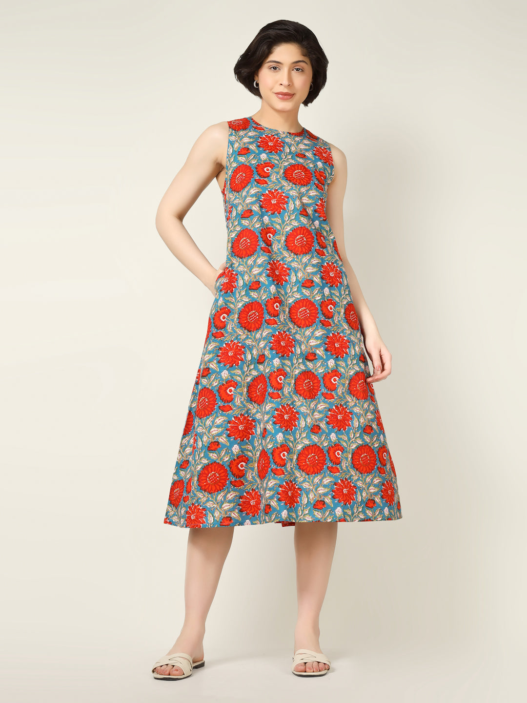 Blue Printed Sleeveless A-Line Cotton Dress