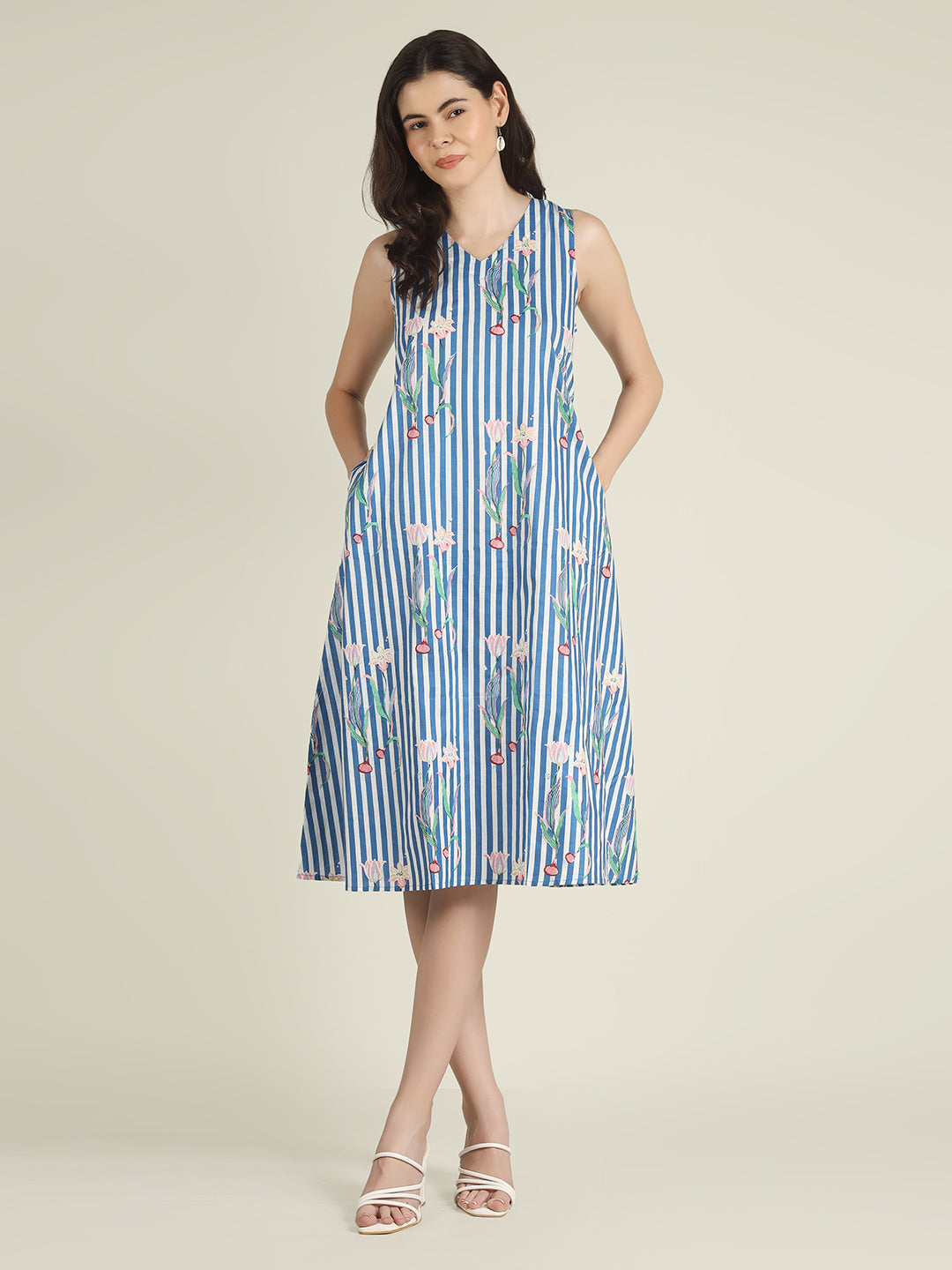 Sky Blue Striped Sleeveless V-Neck A-Line Cotton Dress