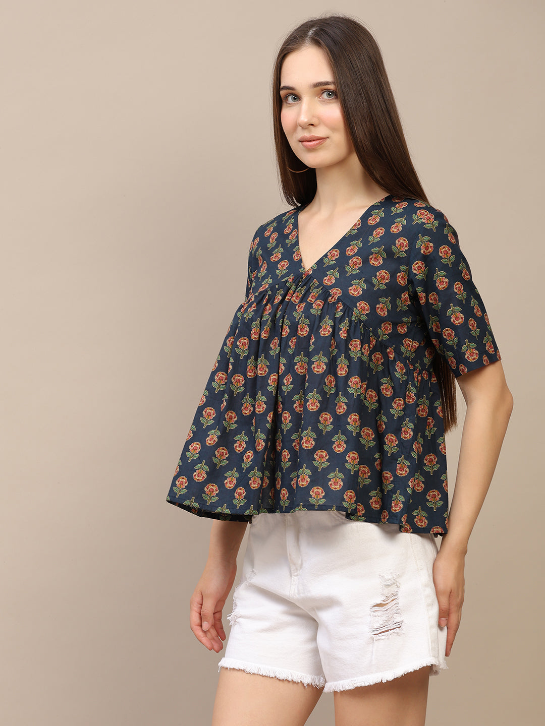 Navy Blue Printed Half-Sleeve Alia-Cut Cotton Top