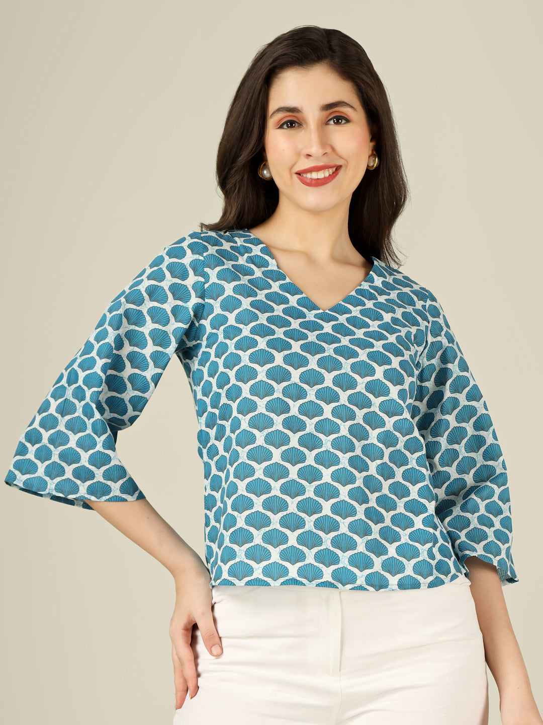Blue Printed Straight Bell-Sleeves Top