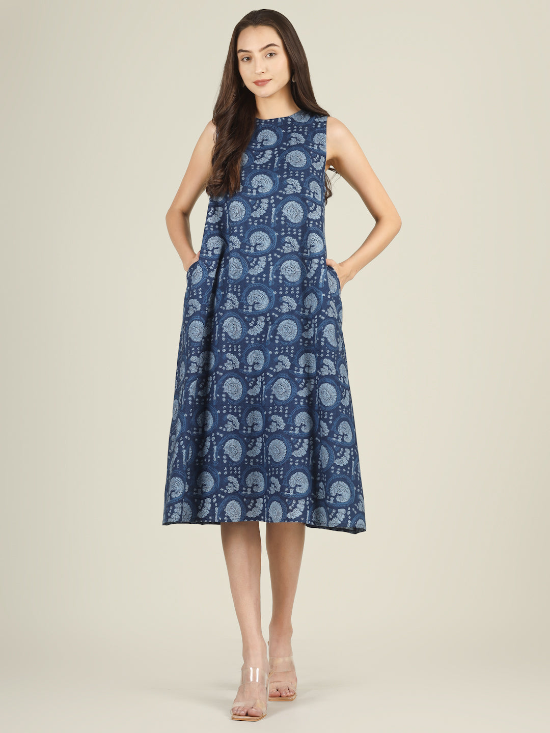 Dark Blue Printed Sleeveless A-Line Cotton Dress