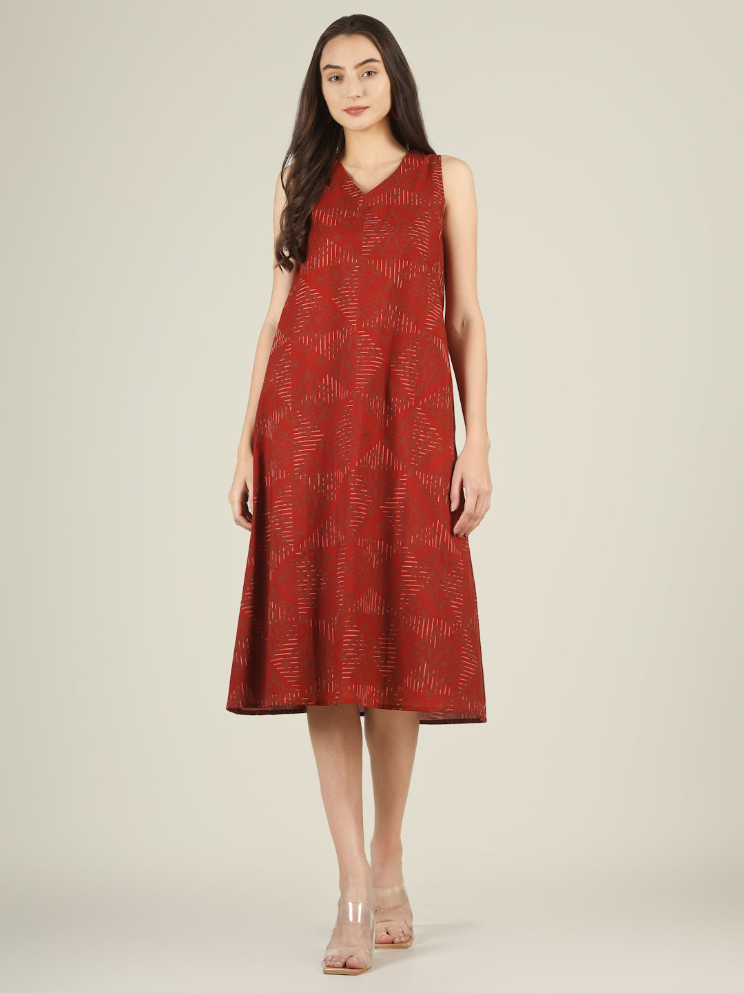 Red Printed V-Neck Sleeveless A-Line Cotton Dress