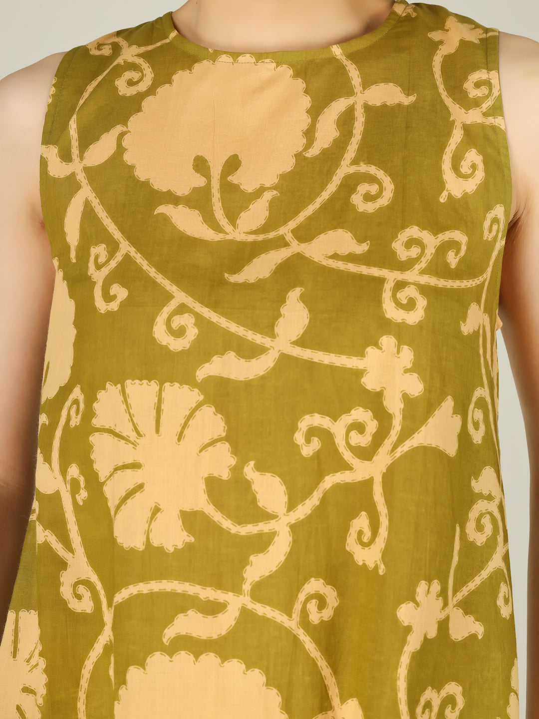 Green Printed Sleeveless A-Line Cotton Dress