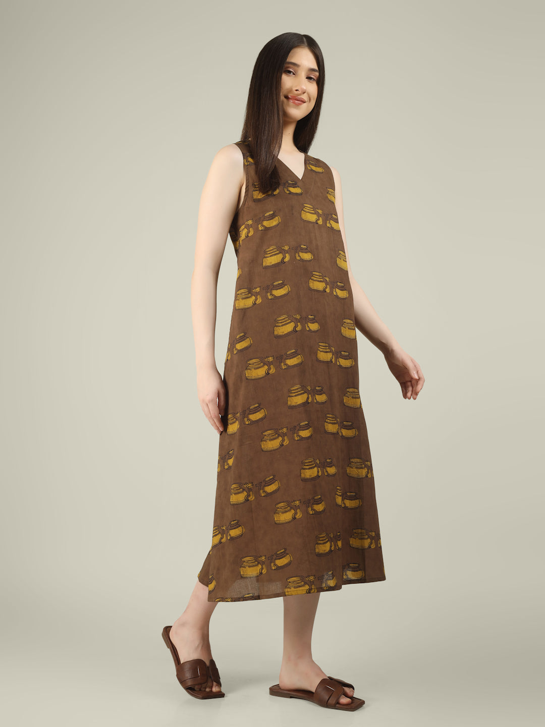 Brown Printed V-Neck Sleeveless A-Line Cotton Dress
