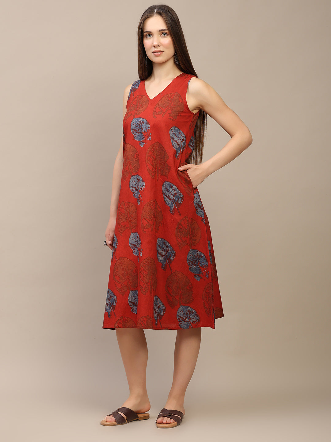 Red Printed V-Neck Sleeveless A-Line Cotton Dress