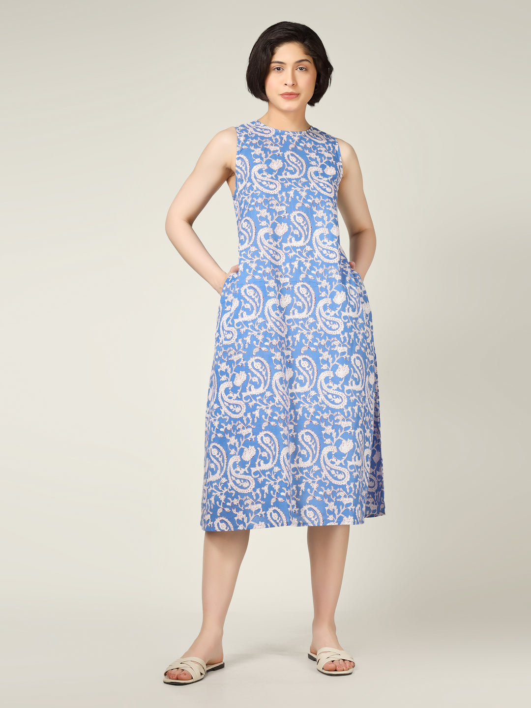 Lavender Printed Sleeveless A-Line Cotton Dress