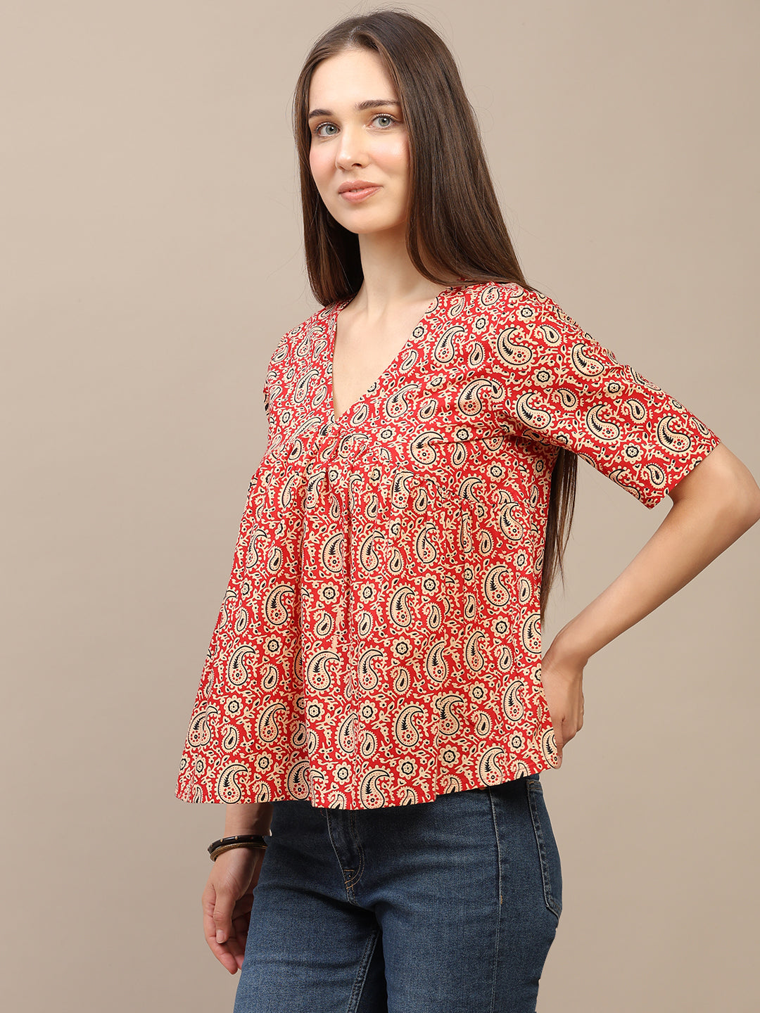 Red Printed Half-Sleeve Peplum Top