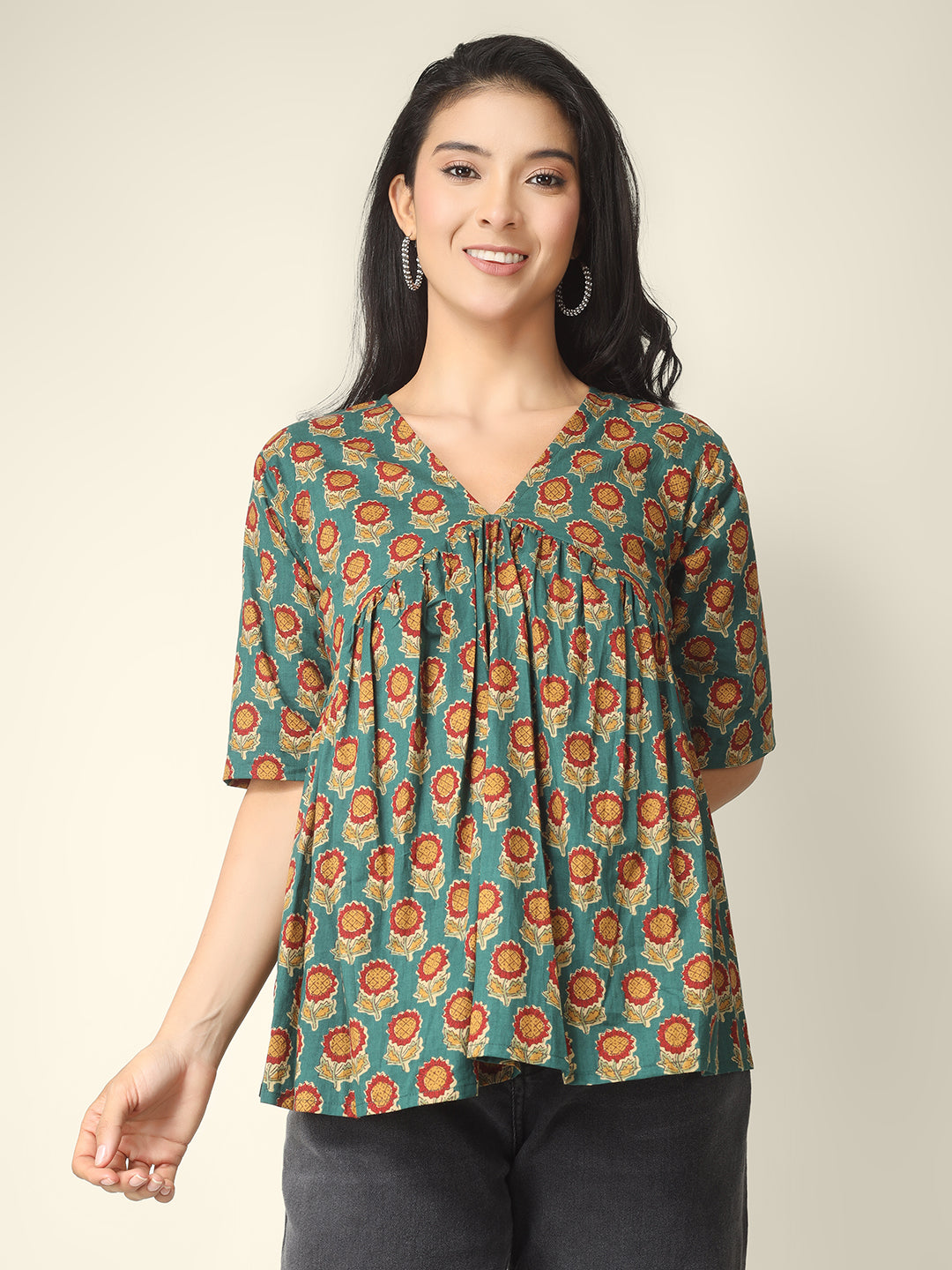 Green Printed Half-Sleeve Alia-Cut Cotton Peplum Top