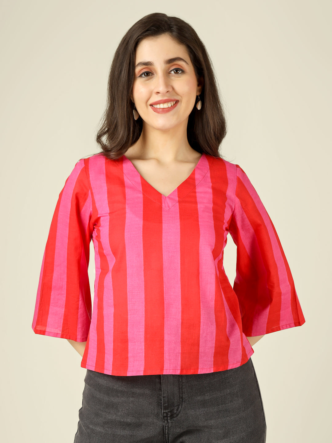Pink and Red Striped Straight Bell-Sleeves Top