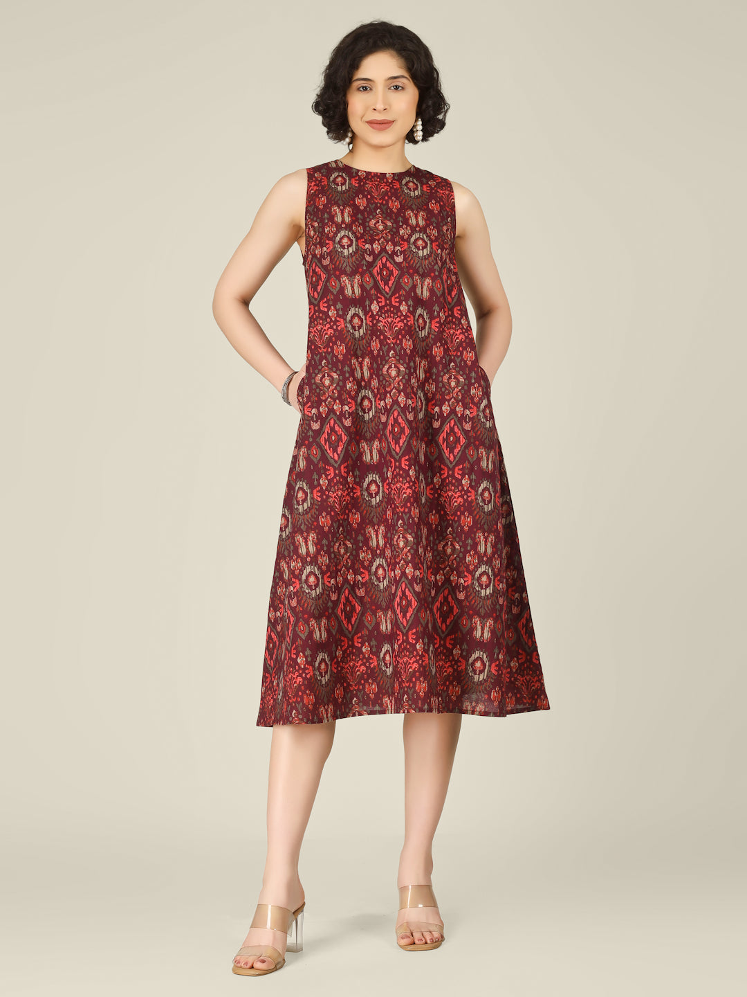 Wine Printed Sleeveless A-Line Cotton Dress