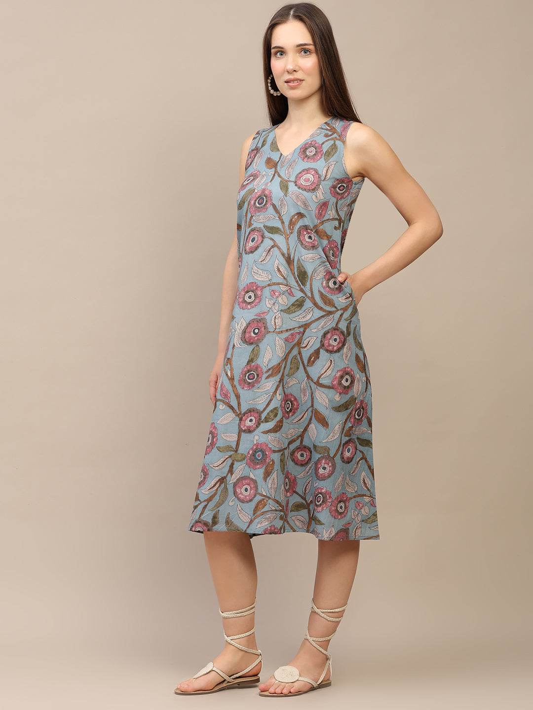Slate Blue Printed V-Neck Sleeveless A-Line Cotton Dress
