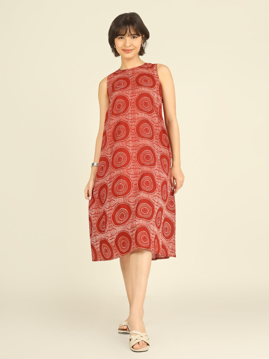 Red Printed Sleeveless A-Line Cotton Dress