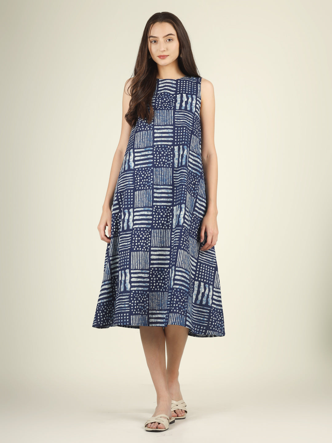 Blue Printed Sleeveless A-Line Cotton Dress