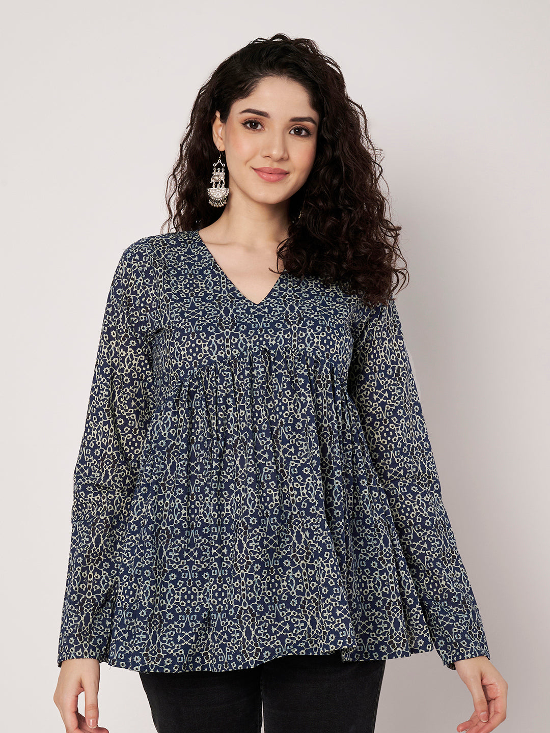 Dark Blue Printed Alia-Cut Cotton Top