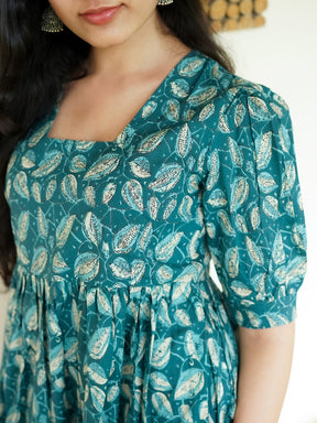 Teal Green Printed Short Cotton Dress