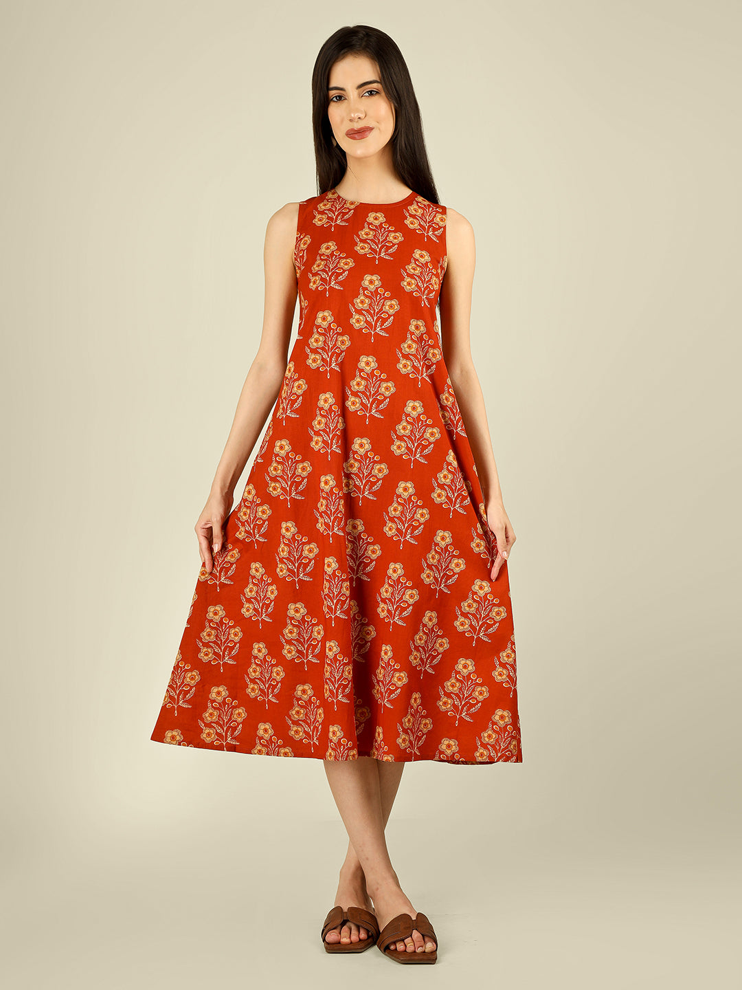 Orange Printed Sleeveless A-Line Cotton Dress