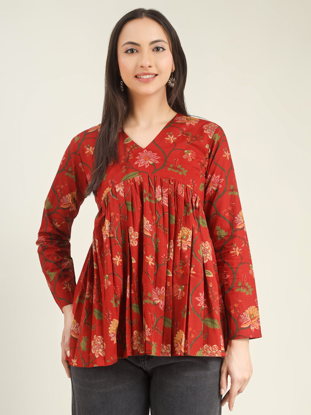 Red Printed Full-Sleeves Alia-Cut Cotton Top