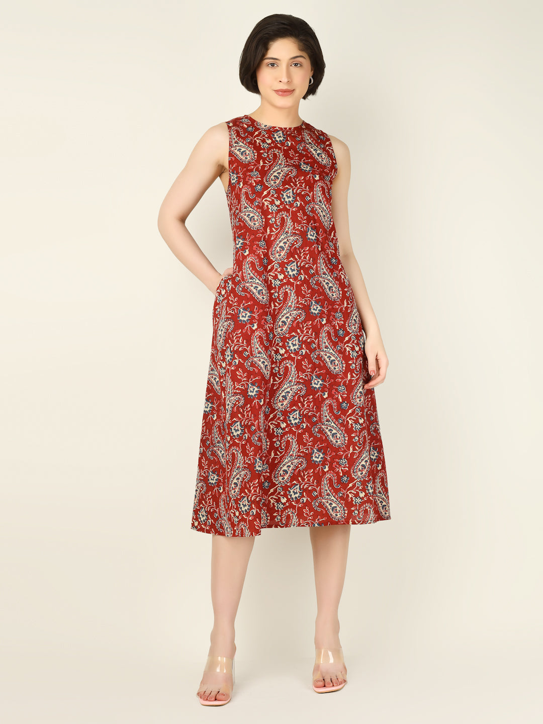 Maroon Printed Sleeveless A-Line Cotton Dress