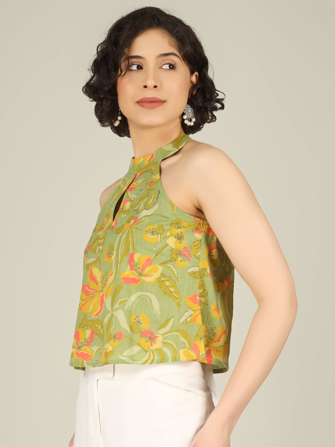 Green Printed Halter Neck Sleeveless Cotton Top