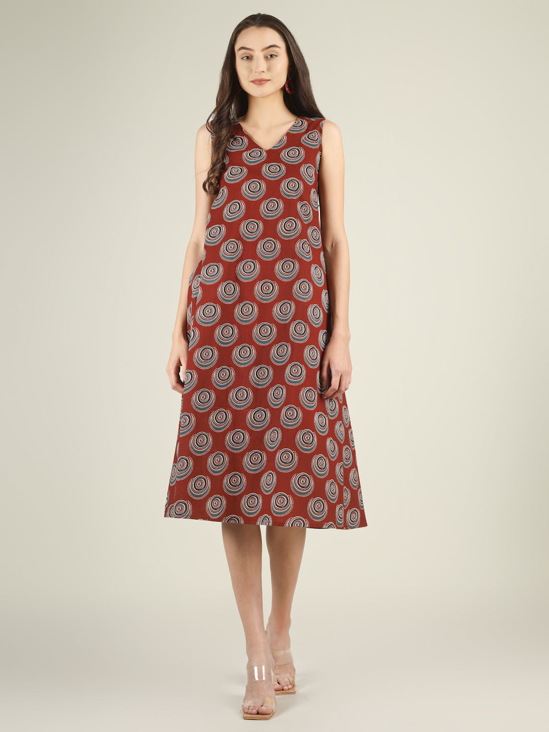 Maroon Printed V-Neck Sleeveless A-Line Cotton Dress