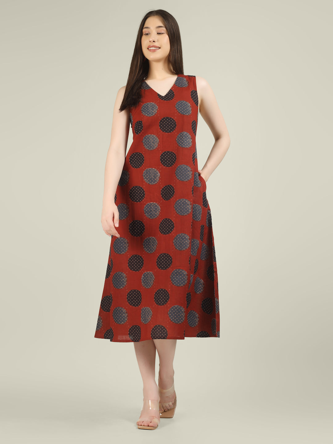 Maroon Printed V-Neck Sleeveless A-Line Cotton Dress