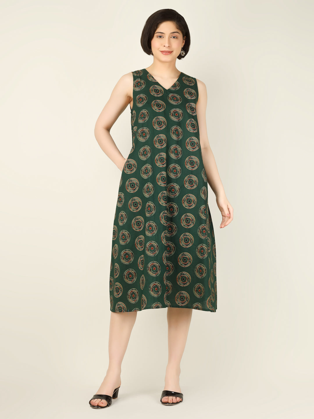 Dark Green Printed Sleeveless V-Neck A-Line Cotton Dress