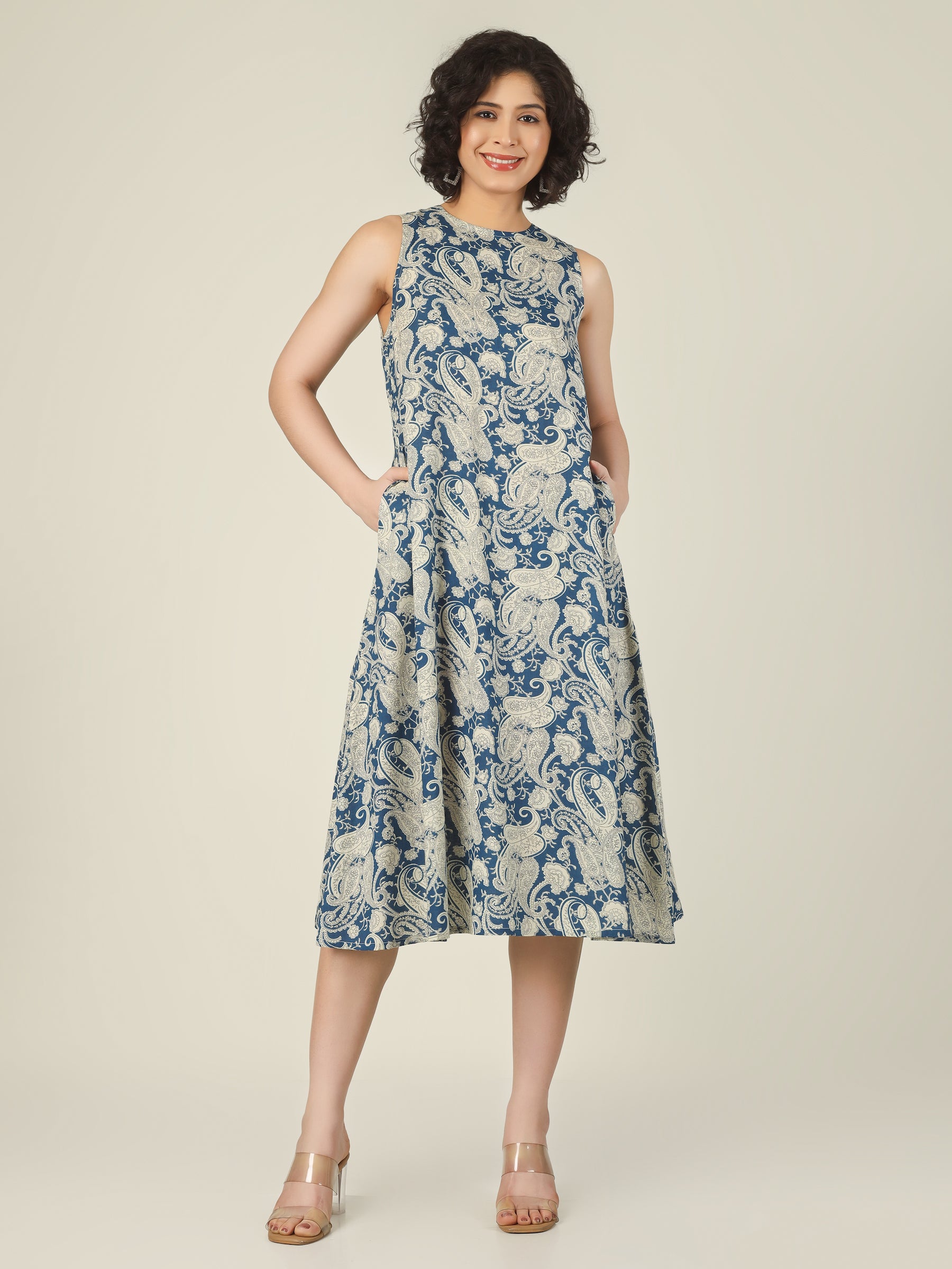 Blue Printed Sleeveless A-Line Cotton Dress