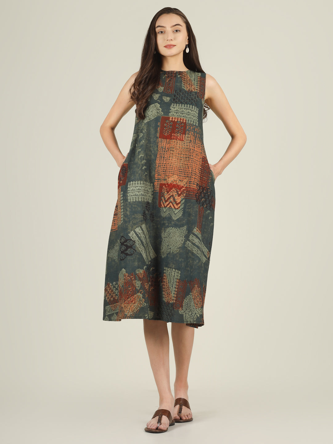 Green Printed Sleeveless A-Line Cotton Dress