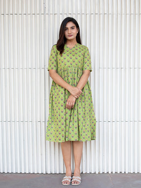 Green Printed Flared Cotton Dress