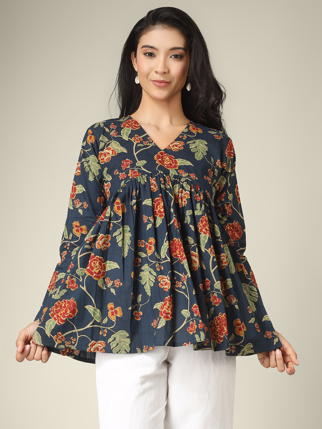 Navy Blue Printed Alia-Cut Cotton Peplum Top