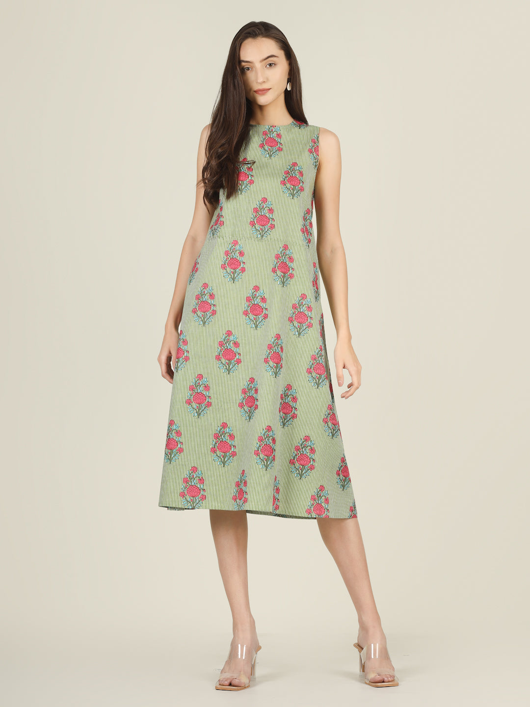 Green Striped Sleeveless A-Line Cotton Dress