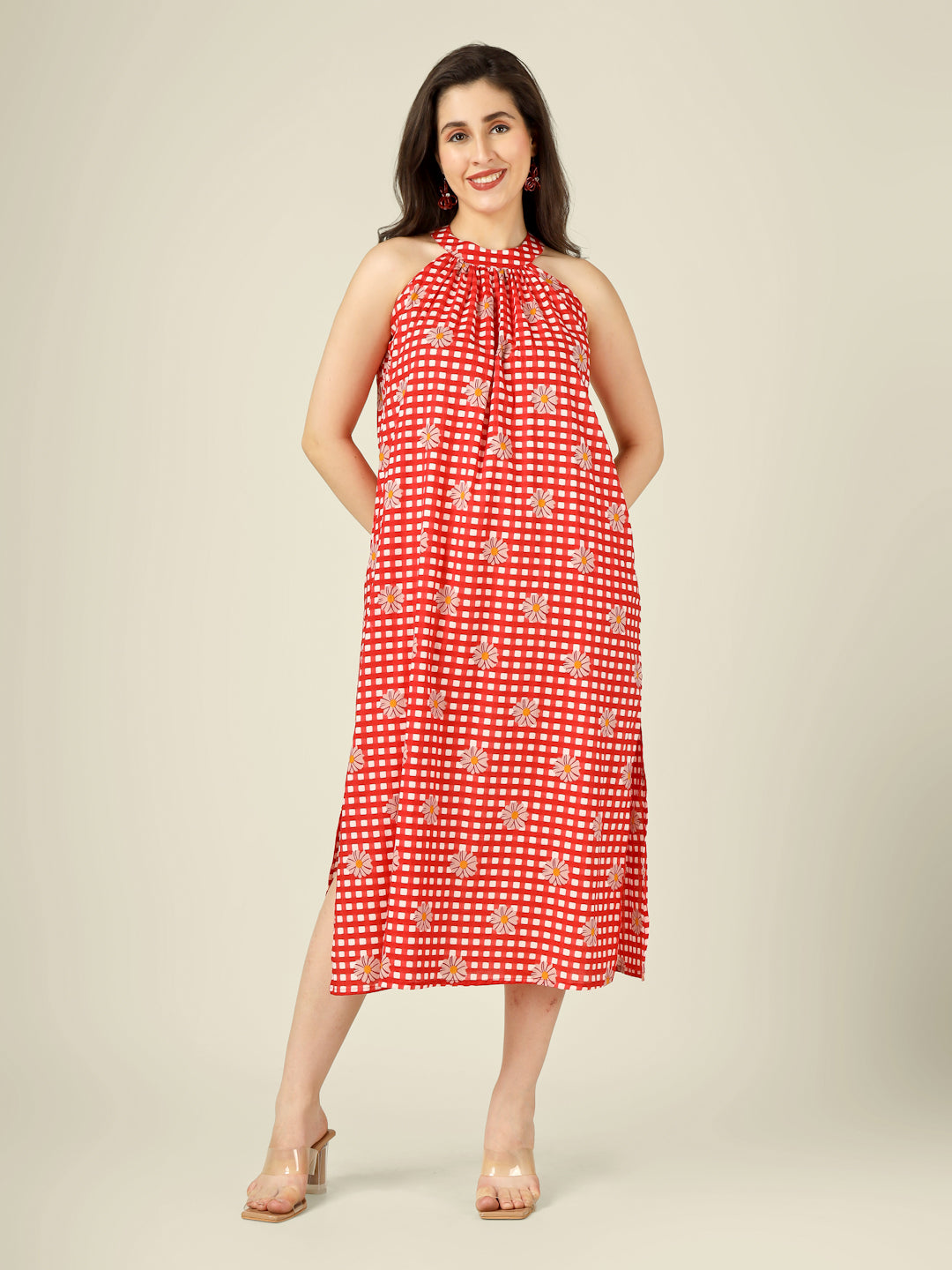 Red Checked Halter Neck Long Sleeveless Cotton Dress