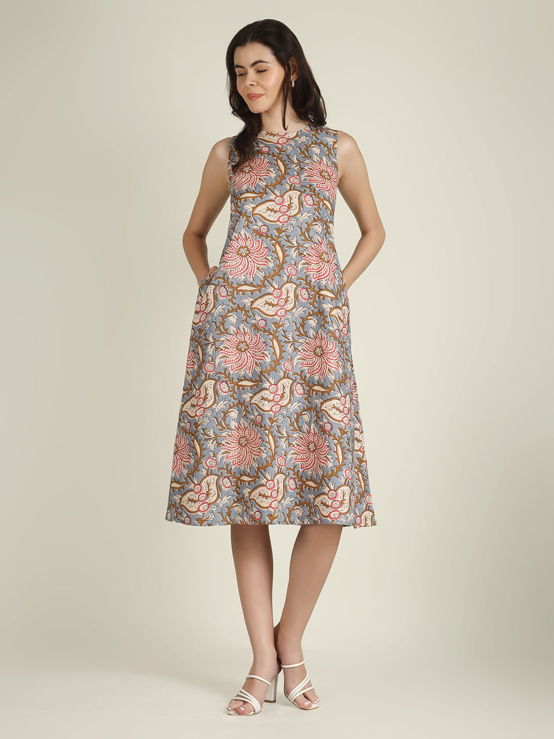 Grey Printed Sleeveless A-Line Cotton Dress