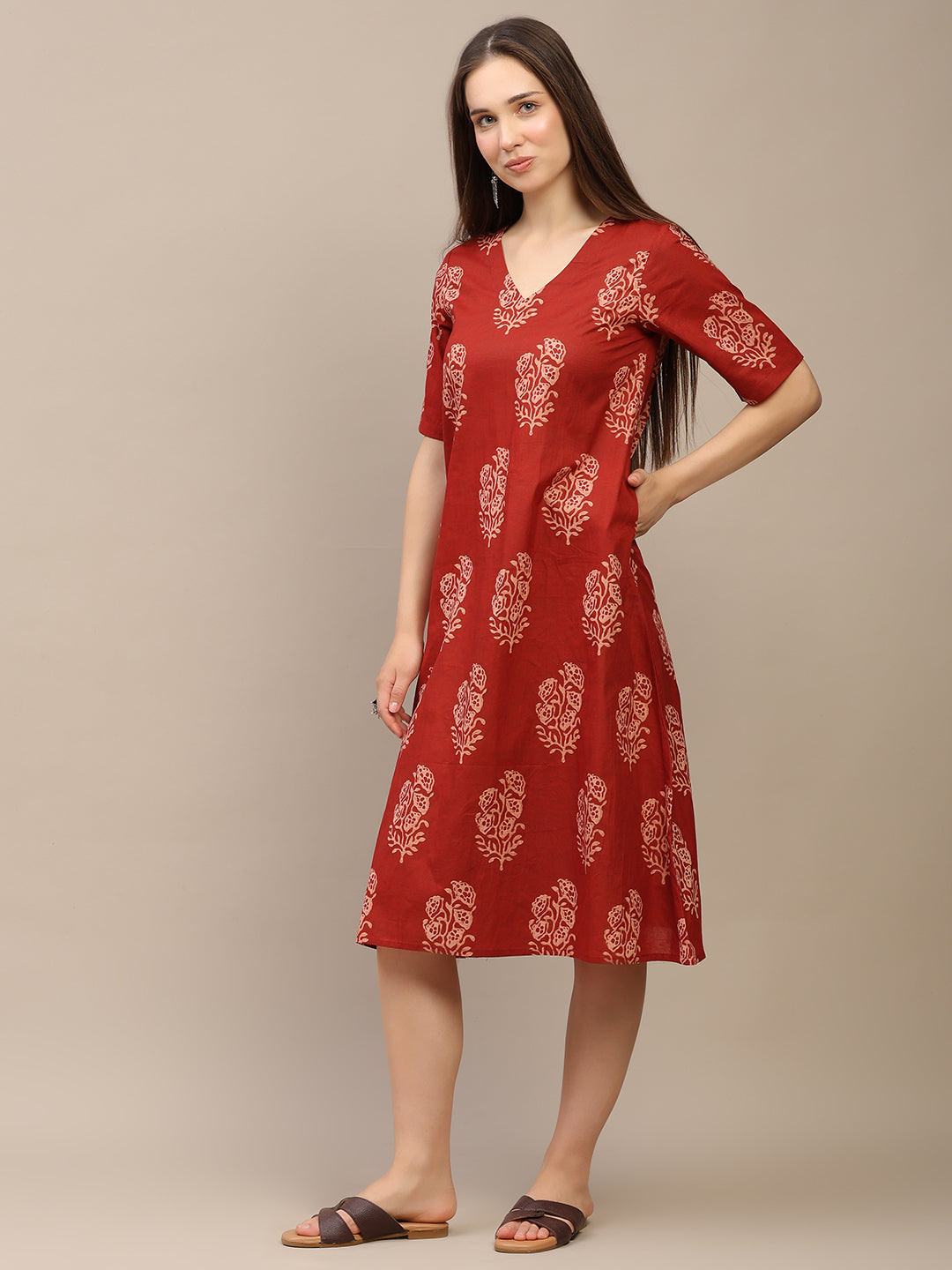 Red Printed Half-Sleeve A-Line Cotton Dress