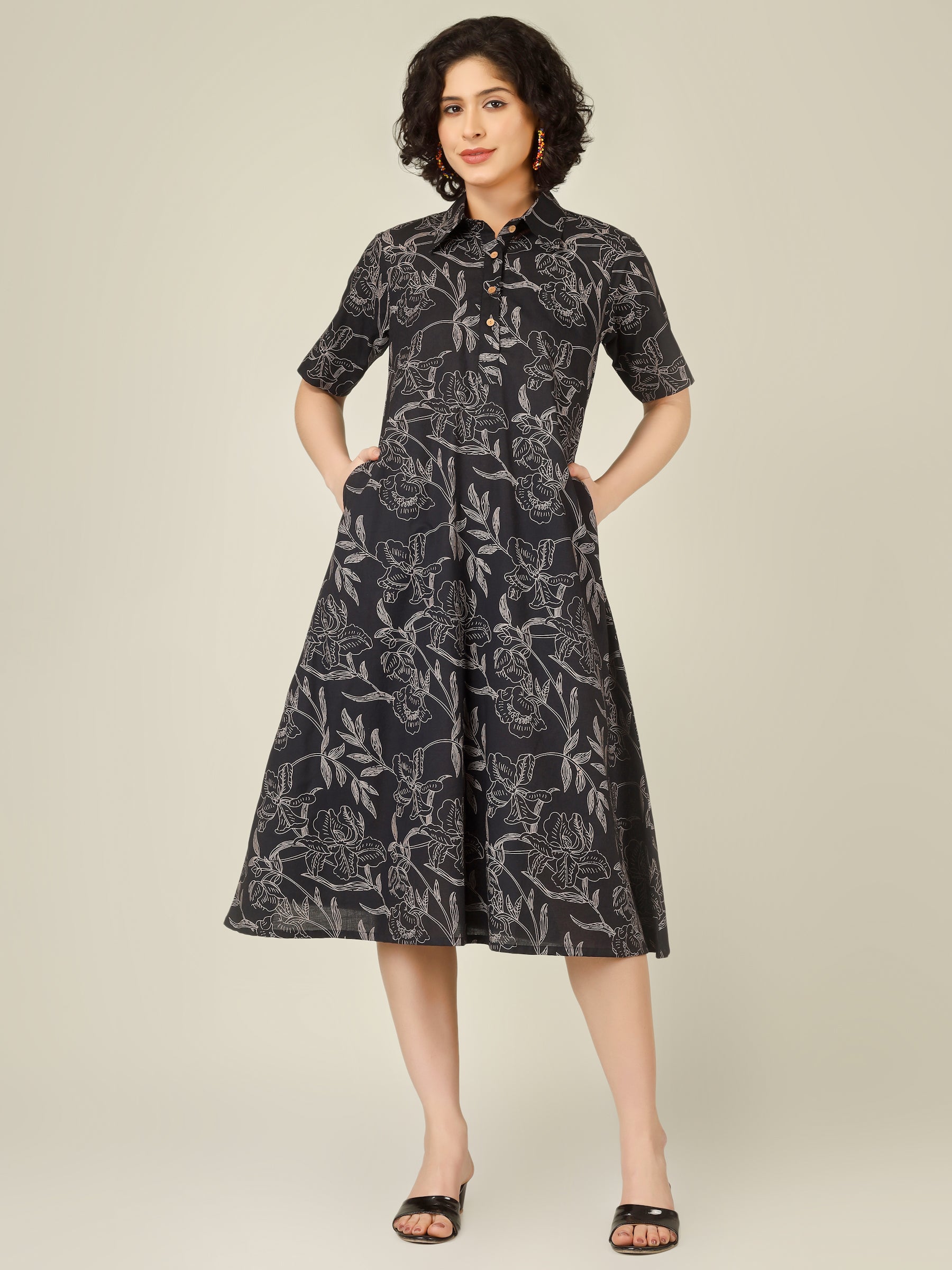 Black Printed A-Line Cotton Shirt Dress
