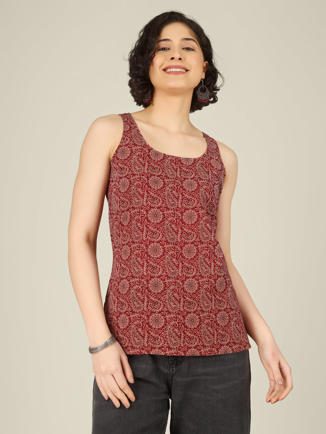 Maroon Printed Round Neck Sleeveless Cotton Top