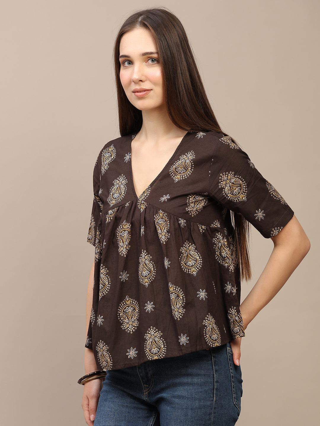 Brown Printed Half-Sleeve Alia-Cut Cotton Top