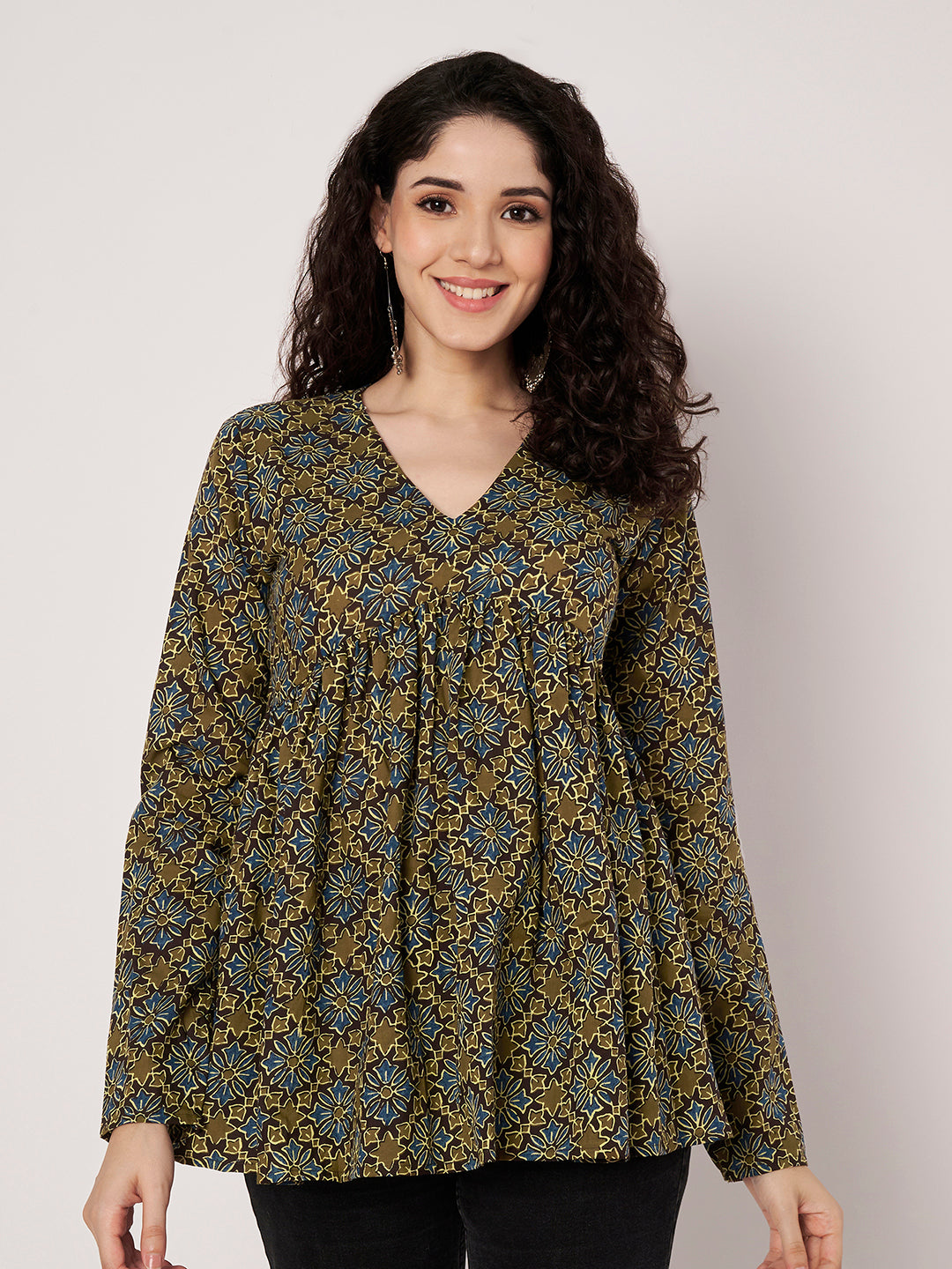 Brown Printed Alia-Cut Cotton Top