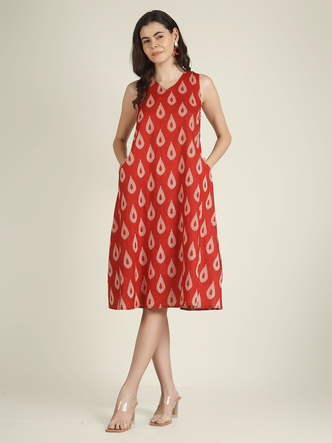 Red Printed Sleeveless V-Neck A-Line Cotton Dress