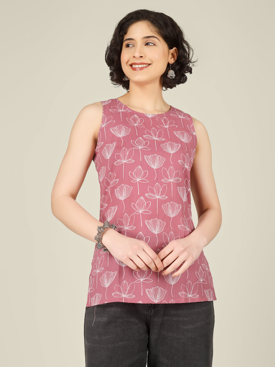 Pink Printed Round Neck Sleeveless Cotton Top