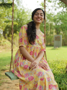 Yellow Printed Long Cotton Dress