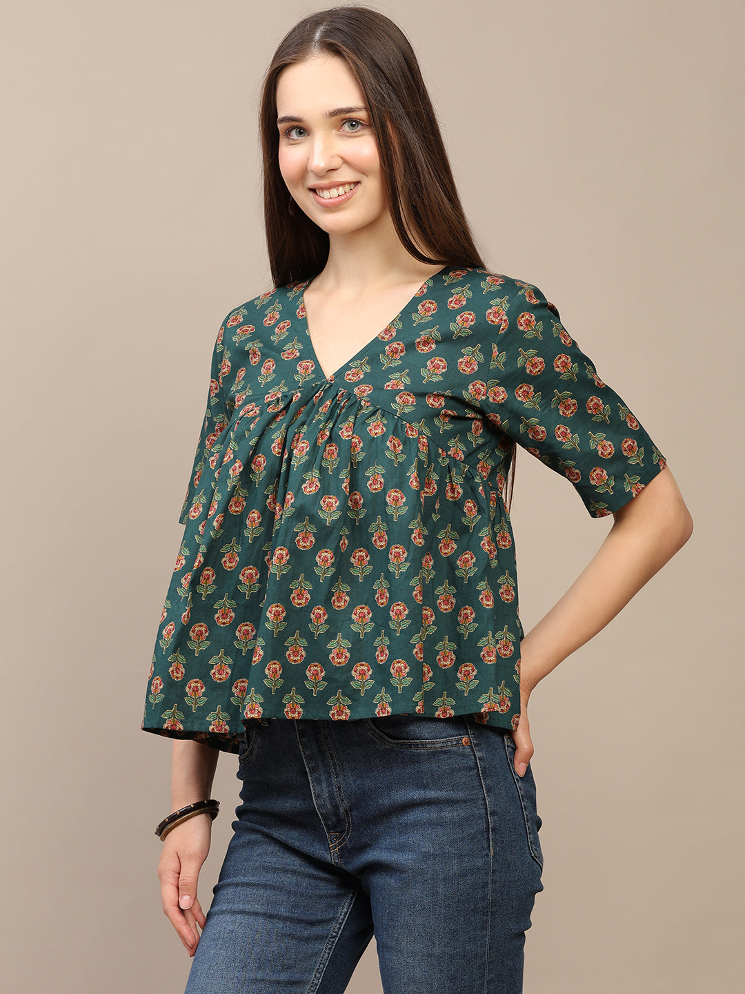 Dark Green Printed Half-Sleeve Alia-Cut Cotton Top