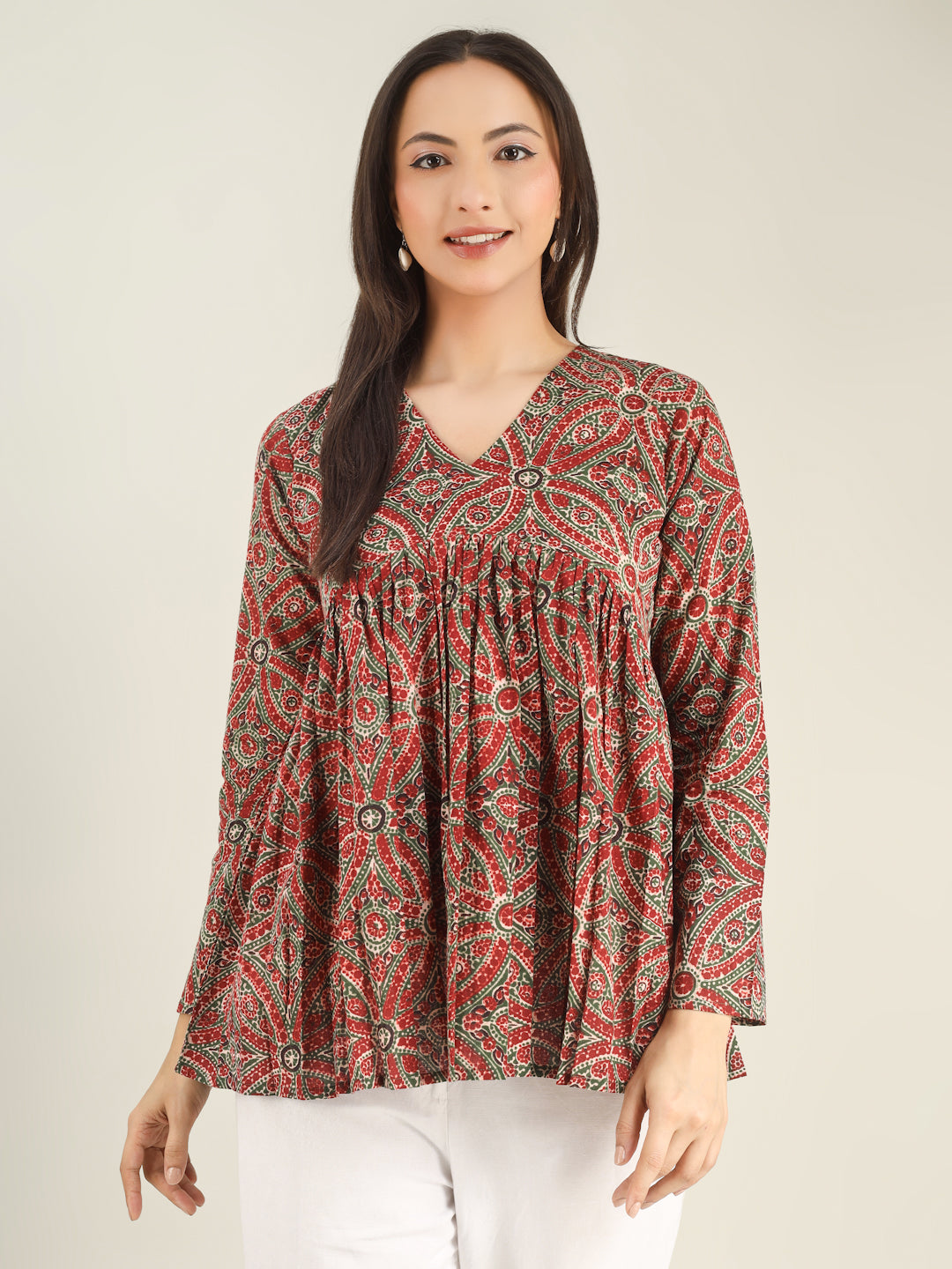 Maroon Printed Full-Sleeves Alia-Cut Cotton Top