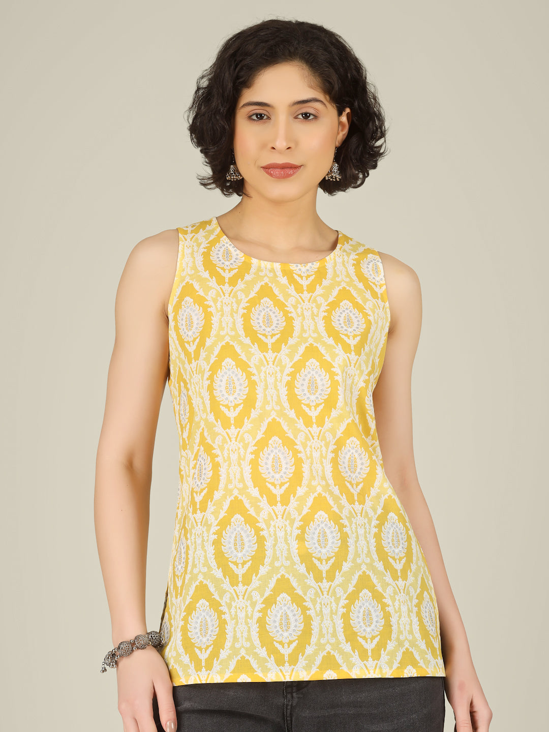 Yellow Printed Round Neck Sleeveless Cotton Top