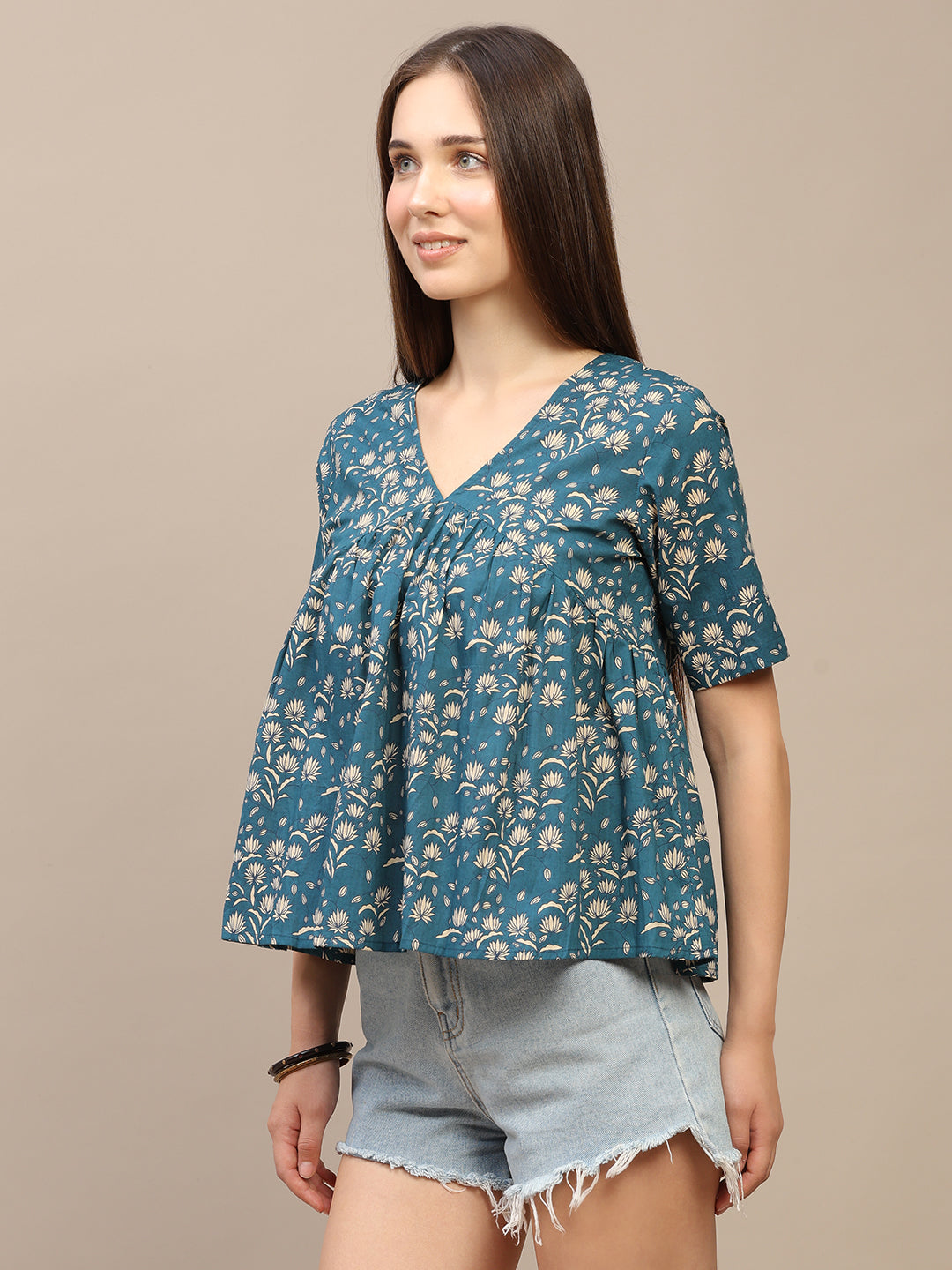 Teal Blue Printed Half-Sleeve Alia-Cut Cotton Top