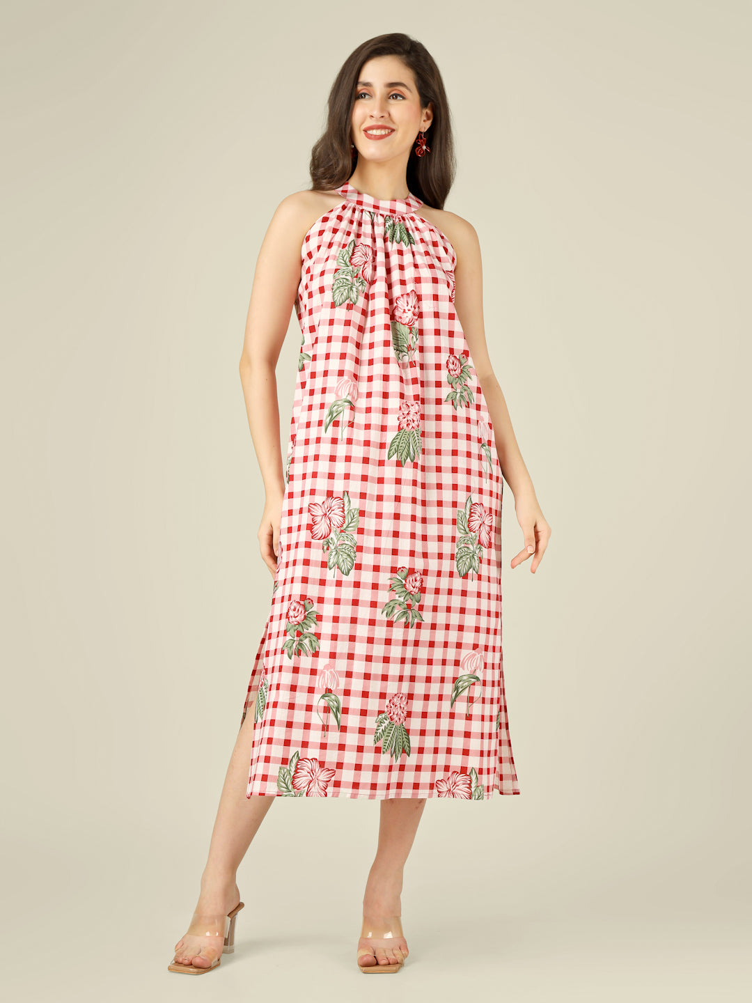 White Checked Halter Neck Long Sleeveless Cotton Dress