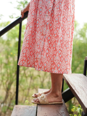 Peach Orange Printed Flared Cotton Dress