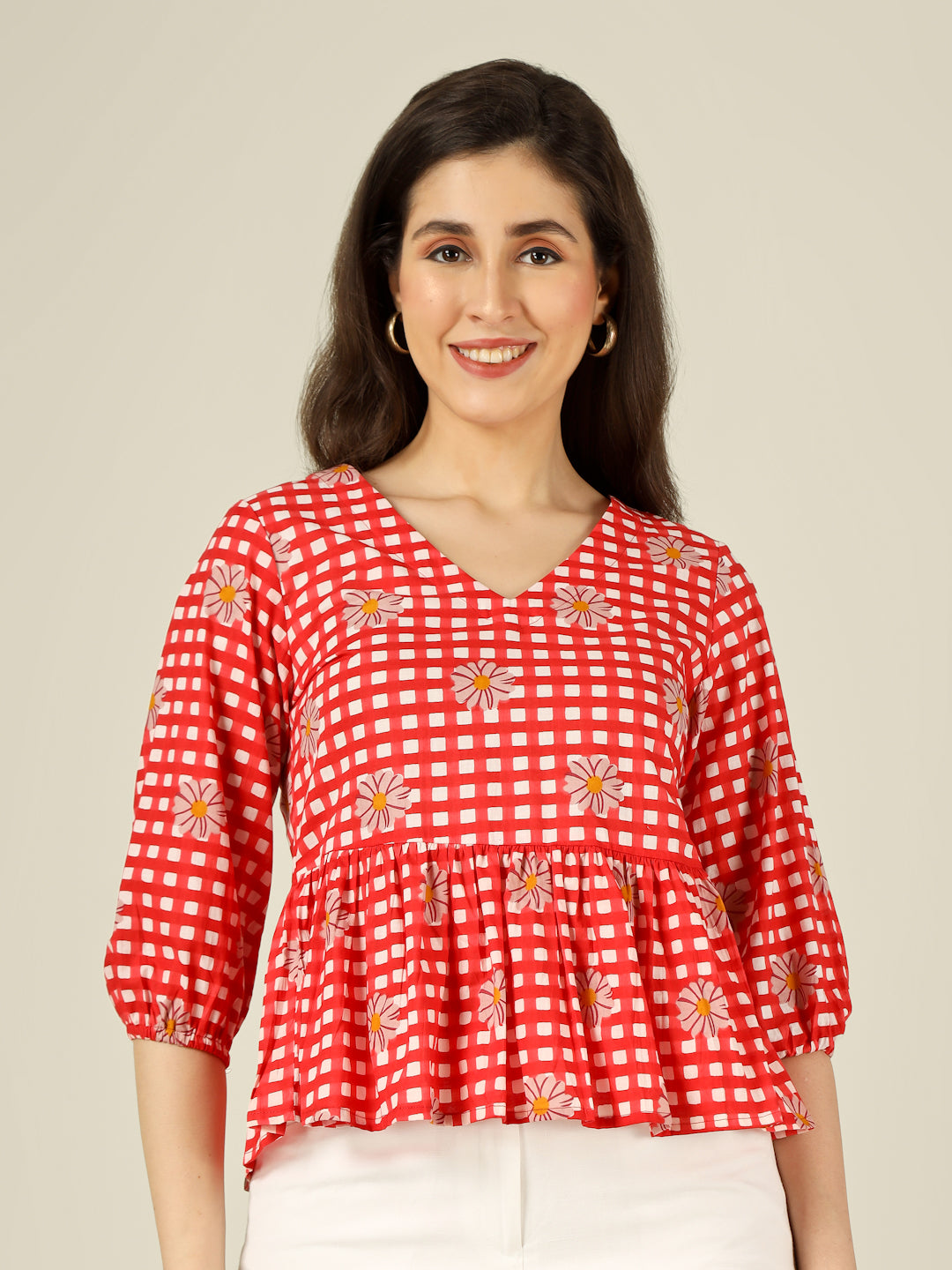 Red Checked Cotton Peplum Top